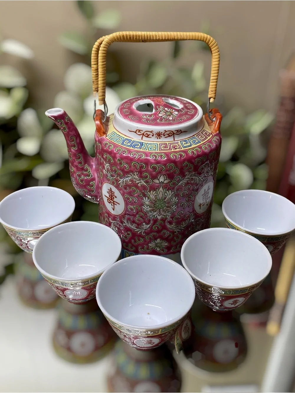 Vintage Chinese Famille Rose Pink Longevity Tea Set Teapot Cups